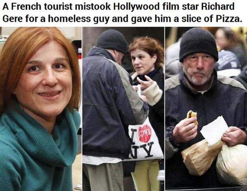 richard gere in new york - A French tourist mistook Hollywood film star Richard Gere for a homeless guy and gave him a slice of Pizza.