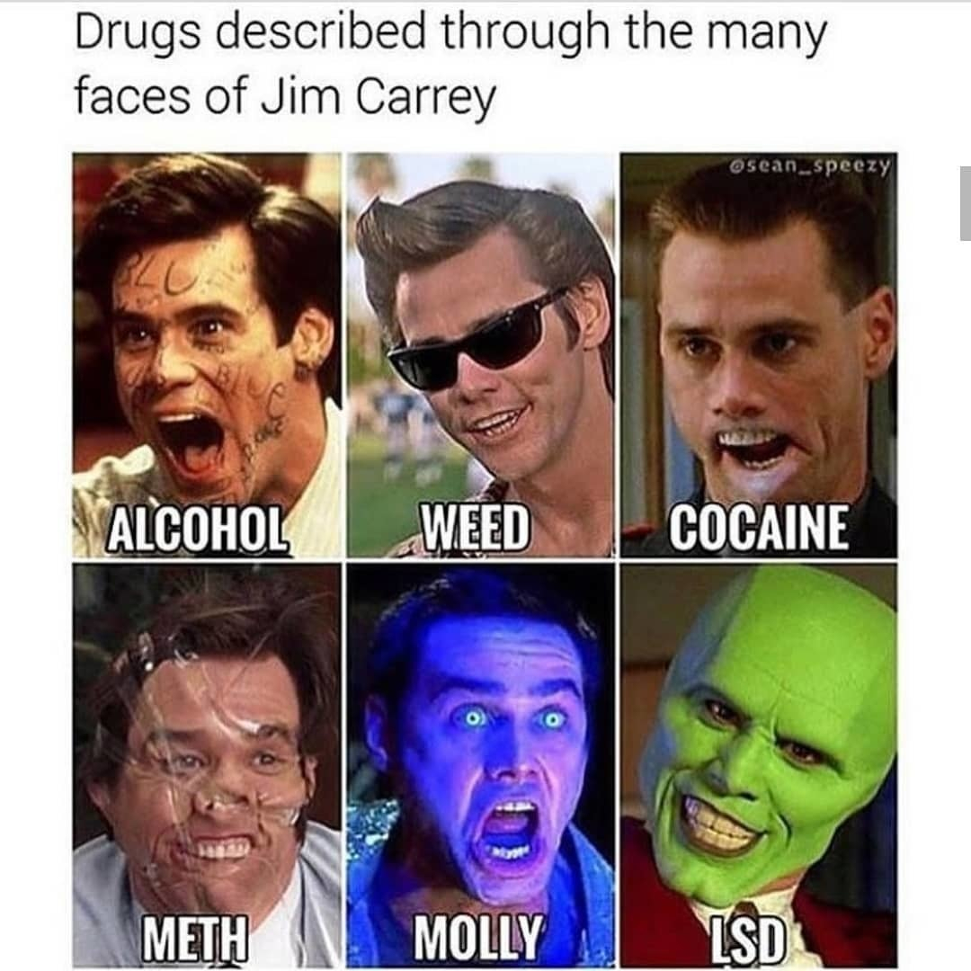 jim carrey memes - Drugs described through the many faces of Jim Carrey Osean_speezy Alcohol Weed Cocaine Methn Molly