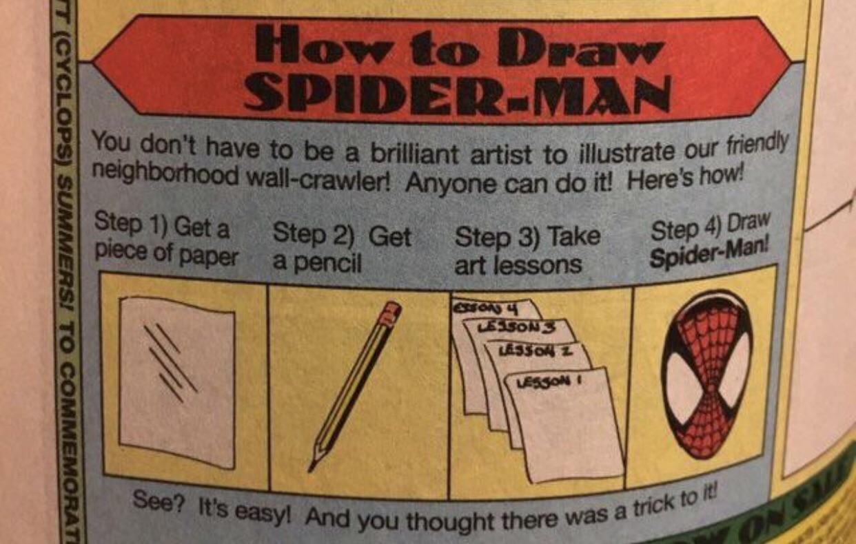 label - How to Draw Spiderman You don't have to be a brilliant artist to illustrate our me neighborhood wallcrawler! Anyone can do it! Here's Step 1 Get a Step 2 Get Step 2 Get Step 3 lake Step 4 ura piece of paper a pencil Step 3 Take art lessons It Cycl