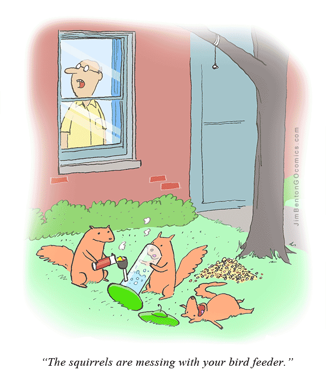 squirrel bird feeder cartoon - Jim Benton Go comics.com M ! ! "The squirrels are messing with your bird feeder.