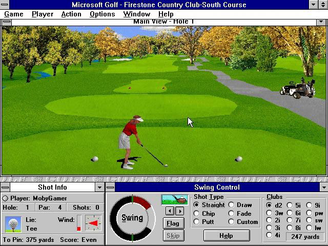microsoft golf 95 - Microsoft Golf Firestone Country ClubSouth Course Game Player Action Options Window Help Main View Hole W Ith The Shot Info Swing Control Player MobyGamer Shot Type Clubs Hole 1 Par 9i 4 Shots 0 O Straight O Draw O d2 O 5i O Chip O Fad