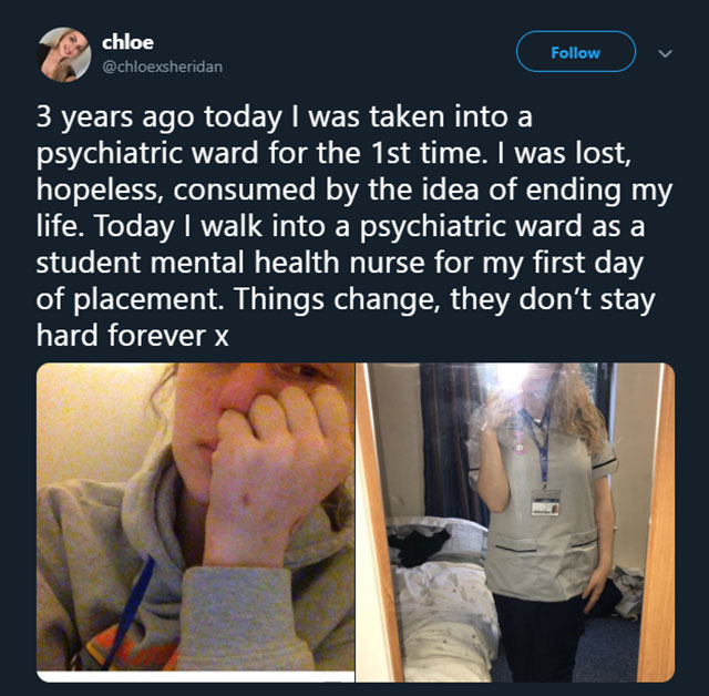 its the darkest before dawn - chloe 3 years ago today I was taken into a psychiatric ward for the 1st time. I was lost, hopeless, consumed by the idea of ending my life. Today I walk into a psychiatric ward as a student mental health nurse for my first da