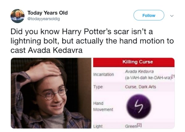 today years old - Today Years Old Did you know Harry Potter's scar isn't a lightning bolt, but actually the hand motion to cast Avada Kedavra Killing Curse Incantation Avada Kedavra aVahdah keDahvra1 Type Curse, Dark Arts Hand Movement Light Green2