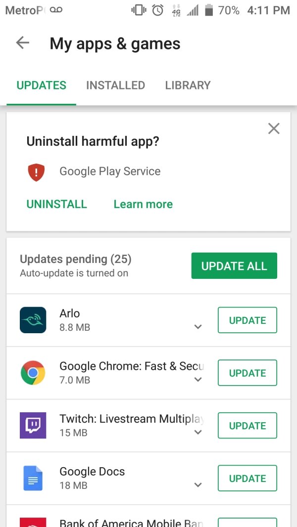 cringey screenshot - MetroP 20 49 il 70% My apps & games Updates Installed Library Uninstall harmful app? Google Play Service Uninstall Learn more Updates pending 25 Autoupdate is turned on Update All Arlo Arlo 8.8 Mb Update Google Chrome Fast & Secu 7.0 