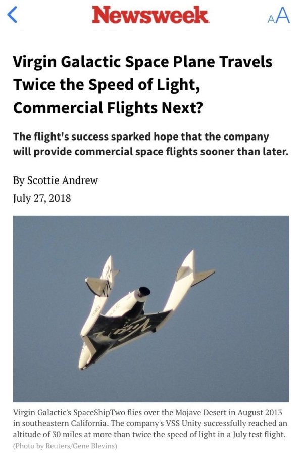 cringey wing - Newsweek Aa Virgin Galactic Space Plane Travels Twice the speed of Light, Commercial Flights Next? The flight's success sparked hope that the company will provide commercial space flights sooner than later. By Scottie Andrew Virgin Galactic