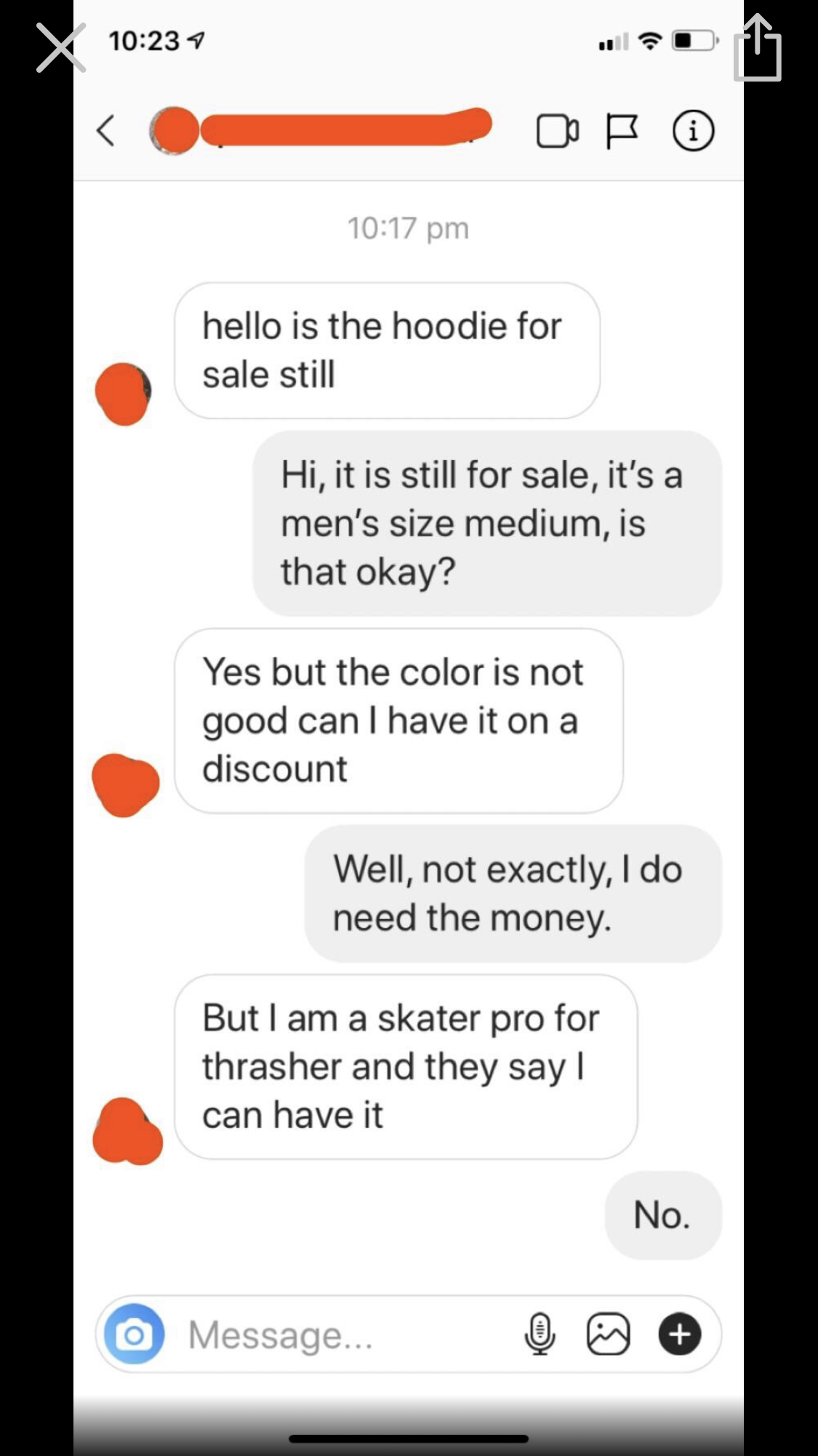 Cheap guy tries to manipulate for a free hoodie