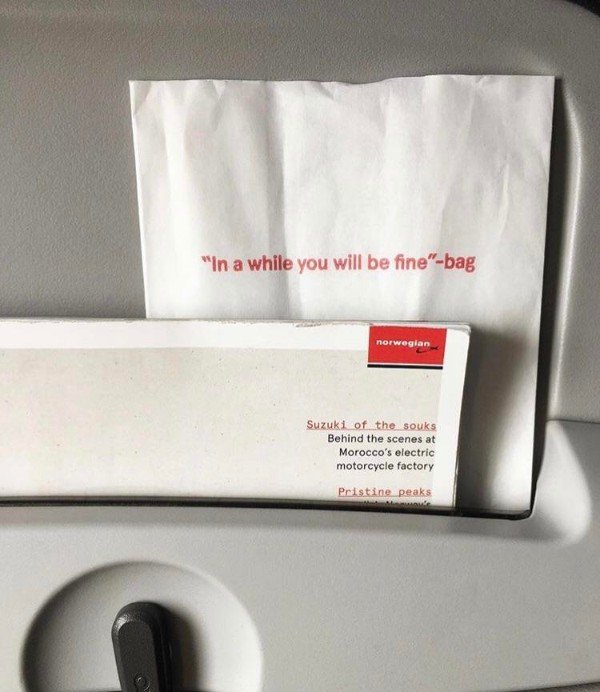 “This puke bag on an airplane.”