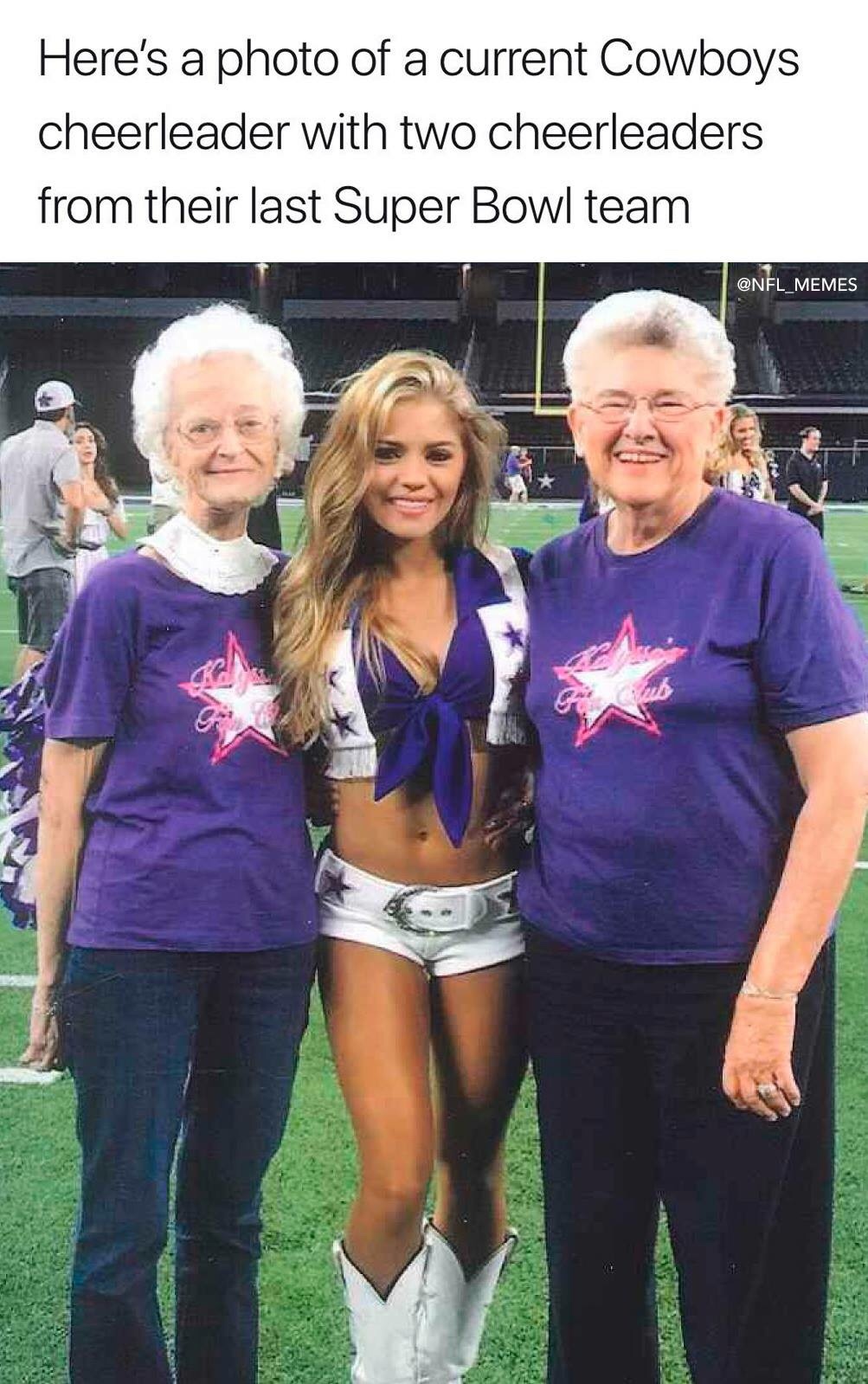cowboys cheerleaders from last super bowl - Here's a photo of a current Cowboys cheerleader with two cheerleaders from their last Super Bowl team