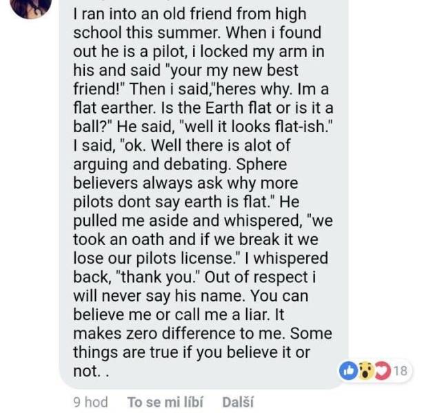 document - I ran into an old friend from high school this summer. When i found out he is a pilot, i locked my arm in his and said "your my new best friend!" Then i said,"heres why. Im a flat earther. Is the Earth flat or is it a ball?" He said, "well it l
