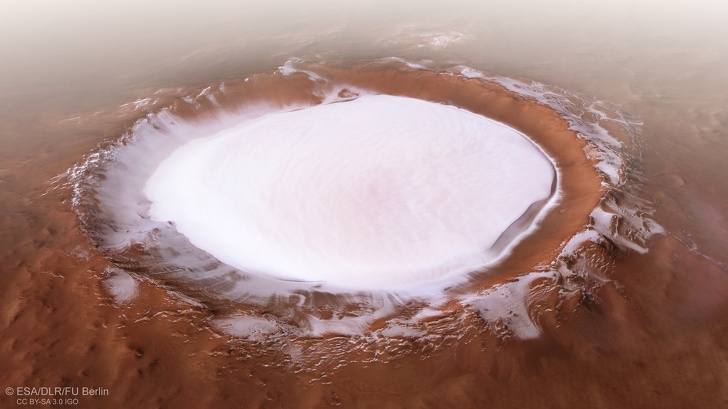 Martian crater with a frozen lake inside