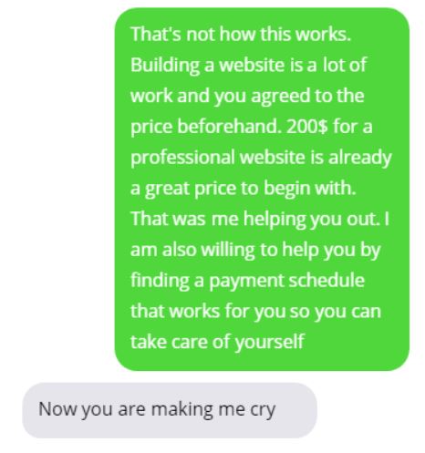 Woman tries to manipulate to avoid paying for her website