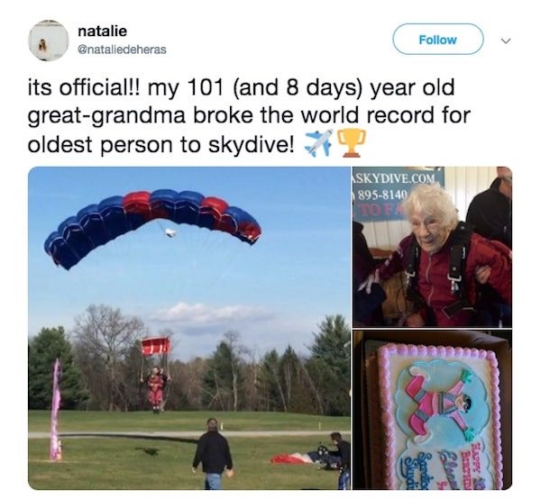 parachute - natalie its official!! my 101 and 8 days year old greatgrandma broke the world record for oldest person to skydive! Skydive.Com 8958140 03