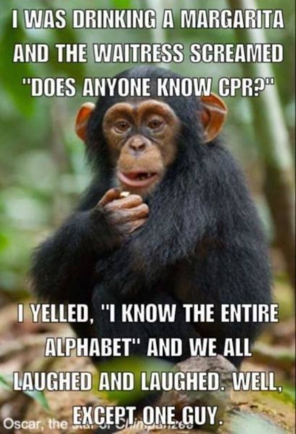 funny cpr memes - I Was Drinking A Margarita And The Waitress Screamed "Does Anyone Know Cpr?" I Yelled. "I Know The Entire Alphabet" And We All Laughed And Laughed. Well, Oscar, the Except One, Guy.