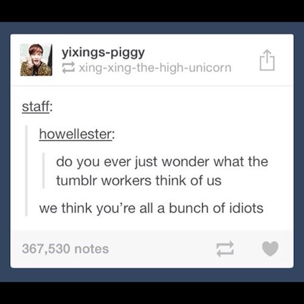 multimedia - yixingspiggy xingxingthehighunicorn staff howellester do you ever just wonder what the tumblr workers think of us we think you're all a bunch of idiots 367,530 notes