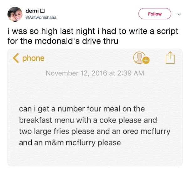 document - demi D i was so high last night i had to write a script for the mcdonald's drive thru