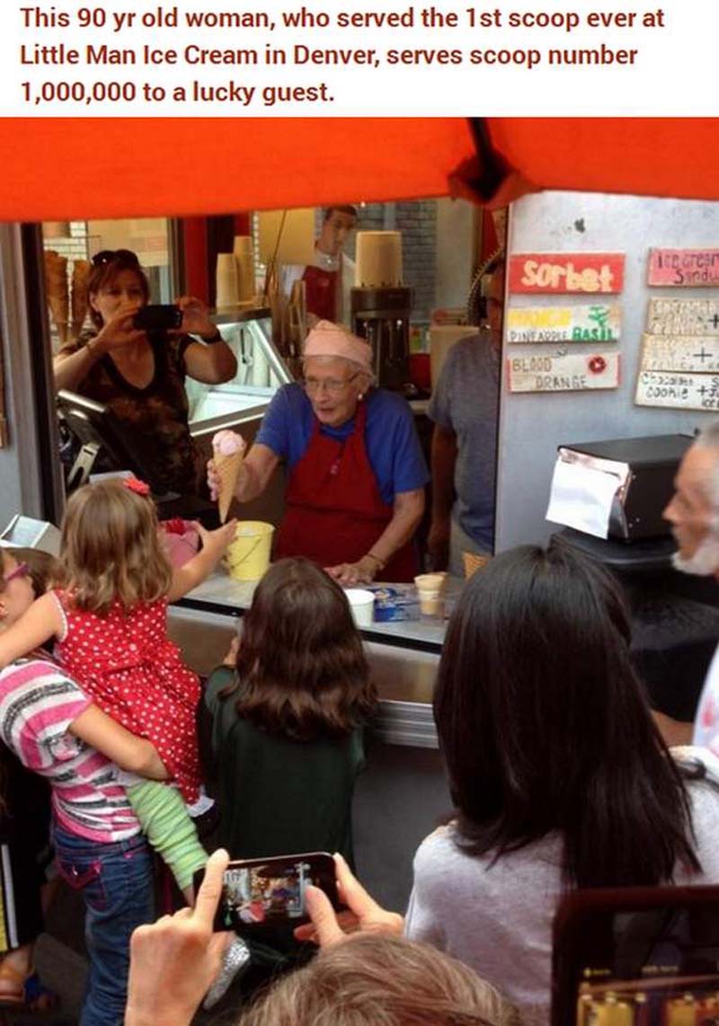 random pic community - This 90 yr old woman, who served the 1st scoop ever at Little Man Ice Cream in Denver, serves scoop number 1,000,000 to a lucky guest. Sorbet Denne