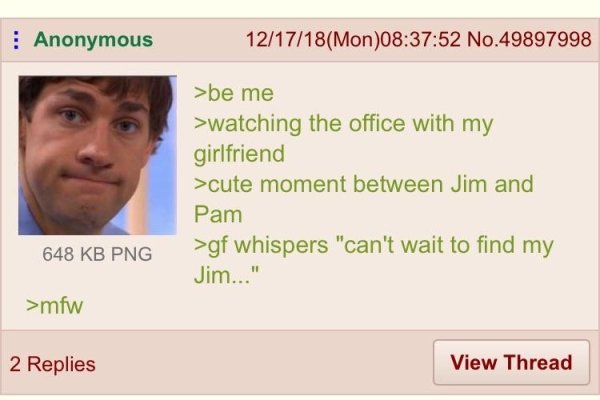 no she just loves you idiot - Anonymous 121718Mon52 No.49897998 >be me >watching the office with my girlfriend >cute moment between Jim and Pam >gf whispers "can't wait to find my Jim..." 648 Kb Png >mfw 2 Replies View Thread