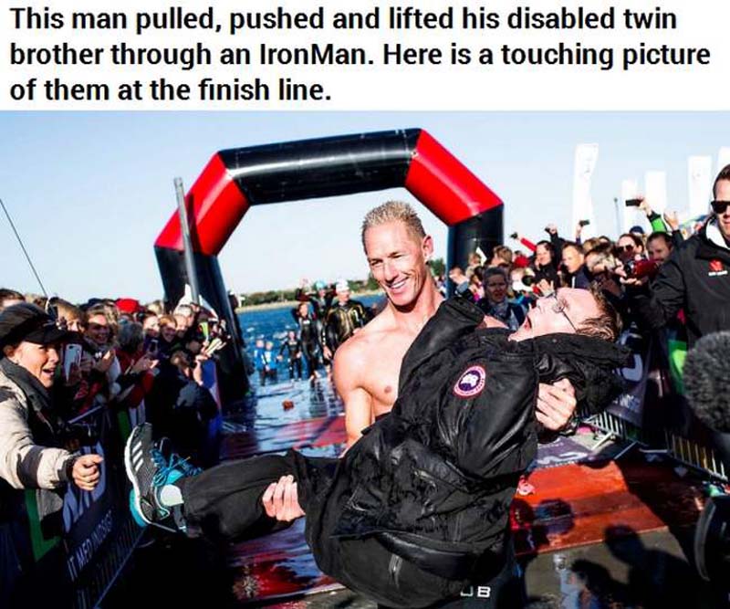 iron man disabled brother - This man pulled, pushed and lifted his disabled twin brother through an Iron Man. Here is a touching picture of them at the finish line. Jb