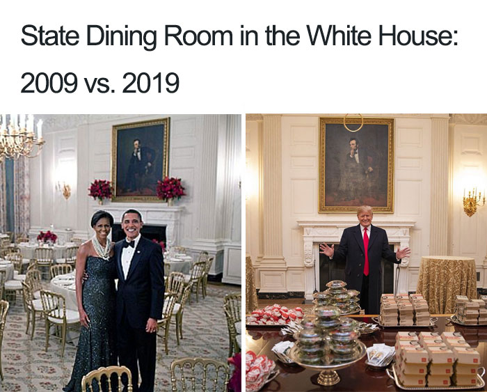 meme funny 10 years challenge - State Dining Room in the White House 2009 vs. 2019