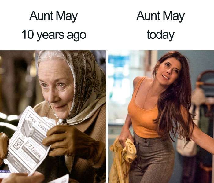 meme funny 10 year challenge - Aunt May 10 years ago Aunt May today Free Toast EZ Loans.
