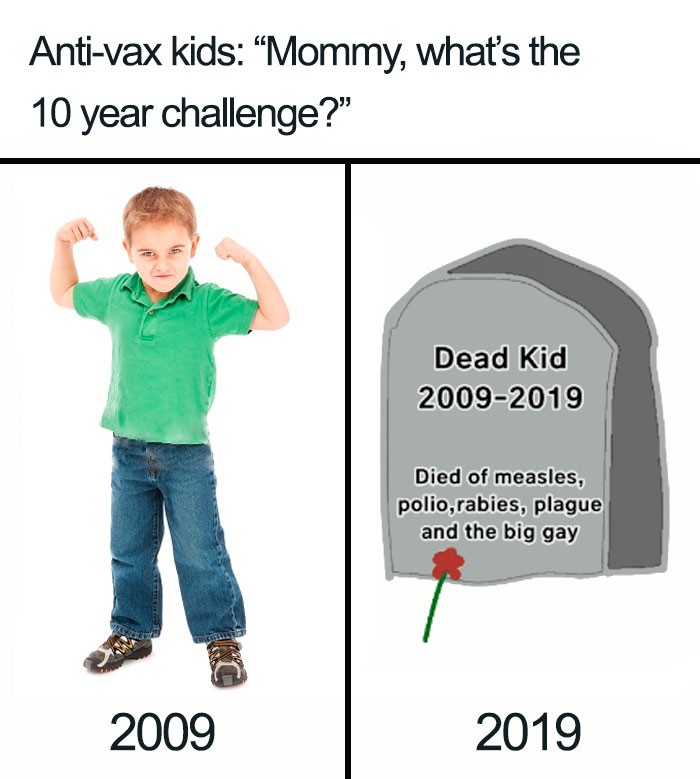 meme 10 year challenge meme - Antivax kids "Mommy, what's the 10 year challenge?" Dead Kid 20092019 Died of measles, polio,rabies, plague and the big gay 2009 2019