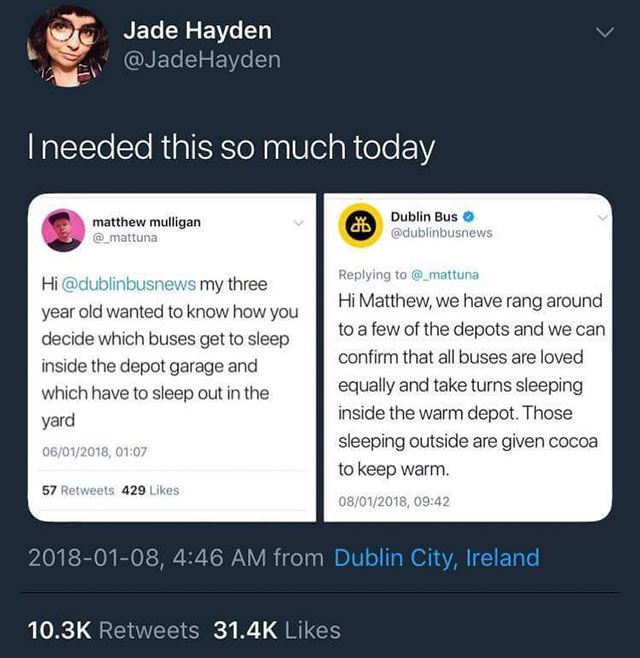 company twitter memes - Jade Hayden Hayden Tneeded this so much today matthew mulligan Dublin Bus Hi my three year old wanted to know how you decide which buses get to sleep inside the depot garage and which have to sleep out in the Hi Matthew, we have ra