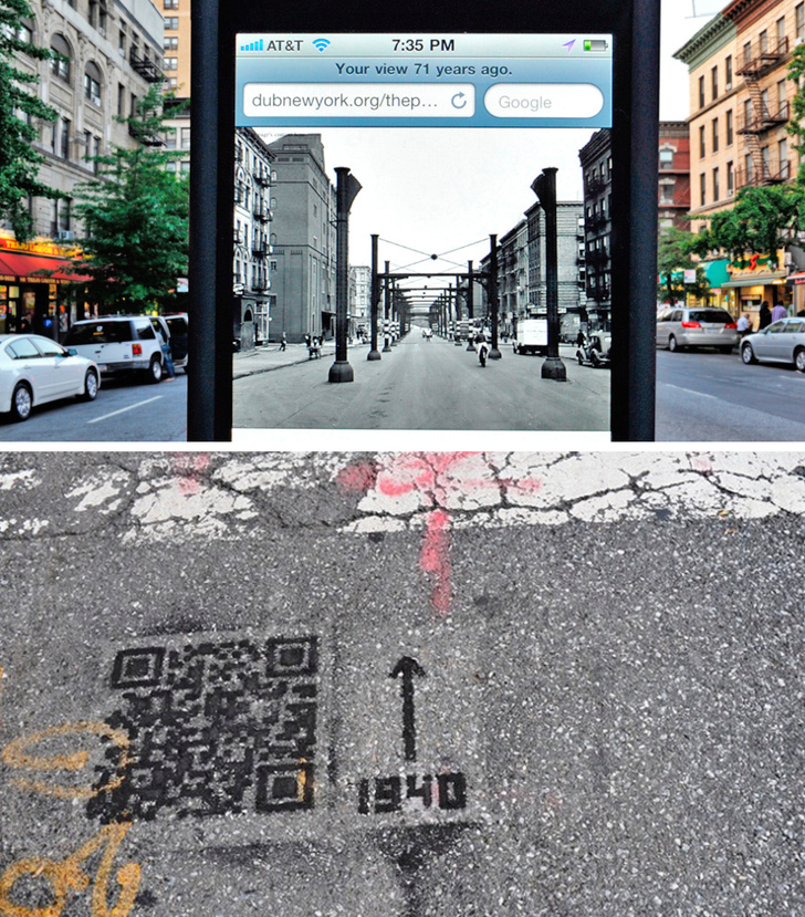 A QR code in the asphalt that lets people look into the past.