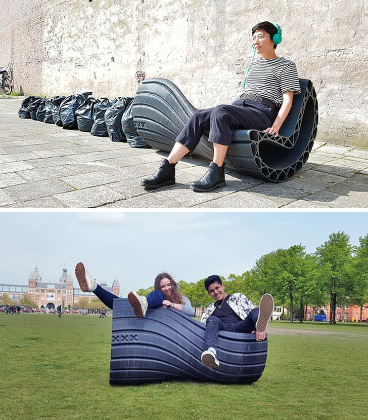 In Amsterdam, there are pieces of street furniture made from plastic waste.