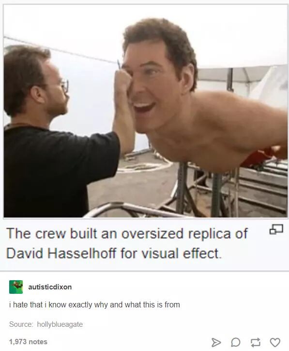 david hasselhoff spongebob - The crew built an oversized replica of David Hasselhoff for visual effect. autisticdixon i hate that i know exactly why and what this is from Source hollyblueagate 1,973 notes