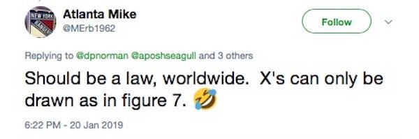 tweet - diagram - Atlanta Mike 1962 Gaposhseagull and 3 others Should be a law, worldwide. X's can only be drawn as in figure 7.