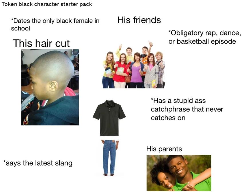 discord kid starter pack - Token black character starter pack Dates the only black female in school His friends Obligatory rap, dance, or basketball episode This hair cut Has a stupid ass catchphrase that never catches on His parents says the latest slang