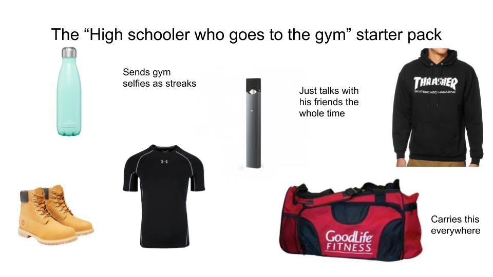 goodlife starter pack - The "High schooler who goes to the gym starter pack Sends gym selfies as streaks Thrasher Skatescarci Magazine Just talks with his friends the whole time Carries this everywhere GoodLife Fitness