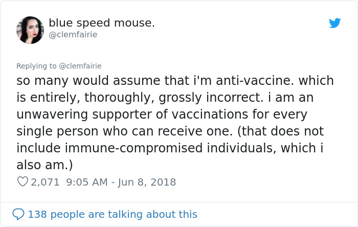 Data - blue speed mouse. so many would assume that i'm antivaccine, which is entirely, thoroughly, grossly incorrect. i am an unwavering supporter of vaccinations for every single person who can receive one. that does not include immunecompromised individ