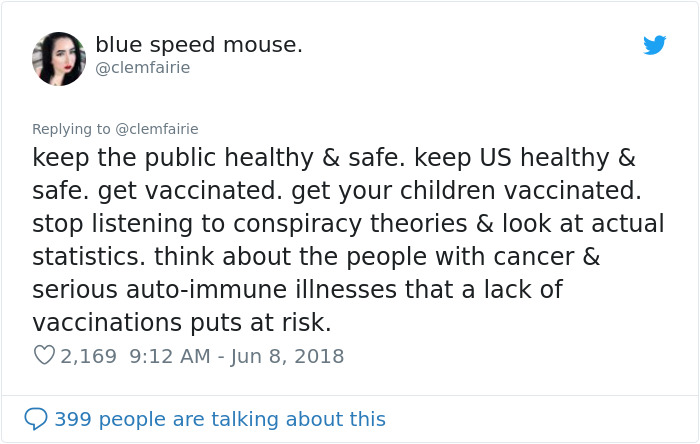 steve irwin peta tweet response - blue speed mouse. keep the public healthy & safe. keep Us healthy & safe. get vaccinated. get your children vaccinated. stop listening to conspiracy theories & look at actual statistics. think about the people with cancer
