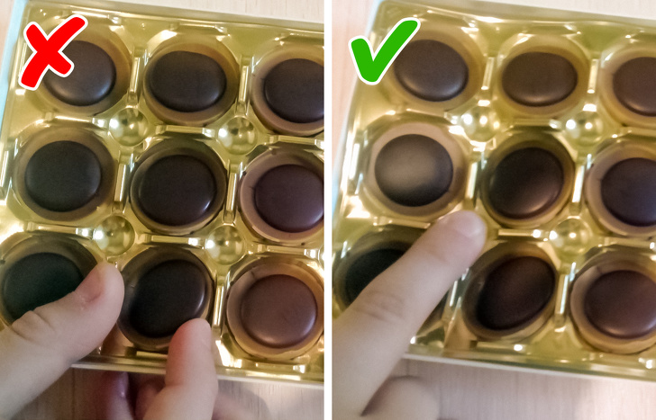 For those who are tired of extracting chocolates from boxes, chocolate manufacturers have designed a cool life hack. Push the hole right near the candy and it’ll jump out easily.