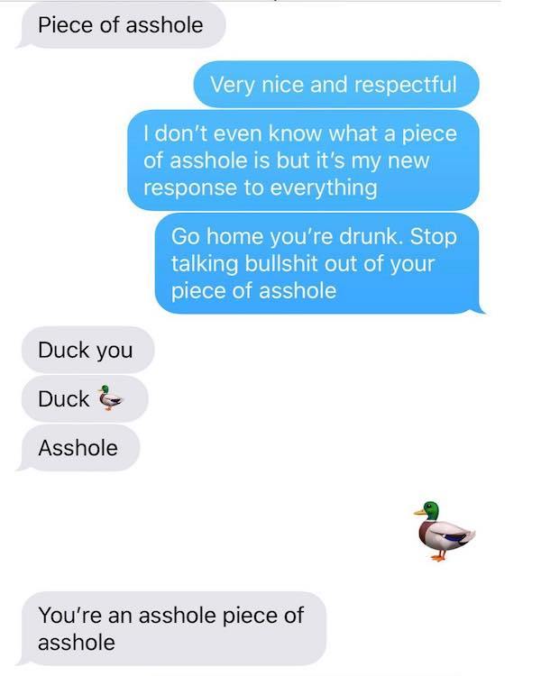 heyy text - Piece of asshole Very nice and respectful I don't even know what a piece of asshole is but it's my new response to everything Go home you're drunk. Stop talking bullshit out of your piece of asshole Duck you Duck & Asshole You're an asshole pi