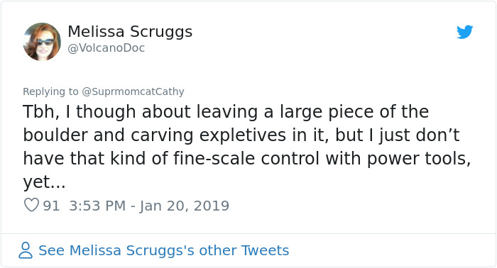 tweets from police departments - Meliss Melissa Scruggs Tbh, I though about leaving a large piece of the boulder and carving expletives in it, but I just don't have that kind of finescale control with power tools, yet... 91 See Melissa Scruggs's other Twe