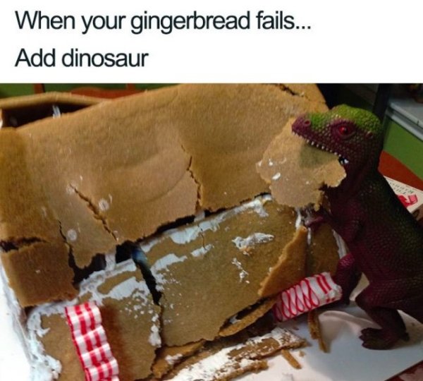 dinosaur gingerbread house - When your gingerbread fails... Add dinosaur