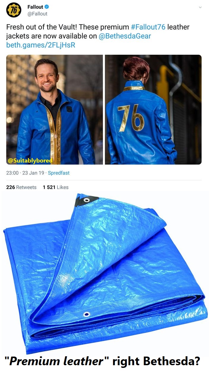 tarpaulin plastic sheet - Fallout Fresh out of the Vault! These premium leather jackets are now available on beth.games2FLjHSR 23 Jan 19. Spredfast 226 1521 "Premium leather" right Bethesda?
