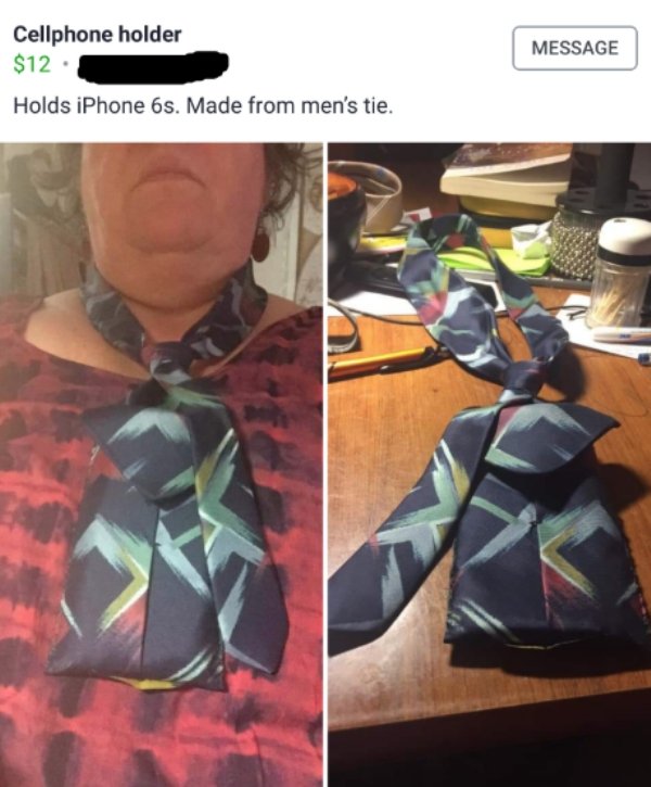 diy fail Message Cellphone holder $12 Holds iPhone 6s. Made from men's tie.