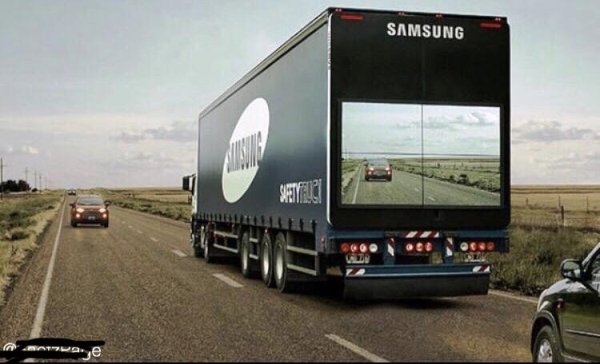 Samsung’s safety trucks show the road ahead on the back of the truck, so that cars can pass safely