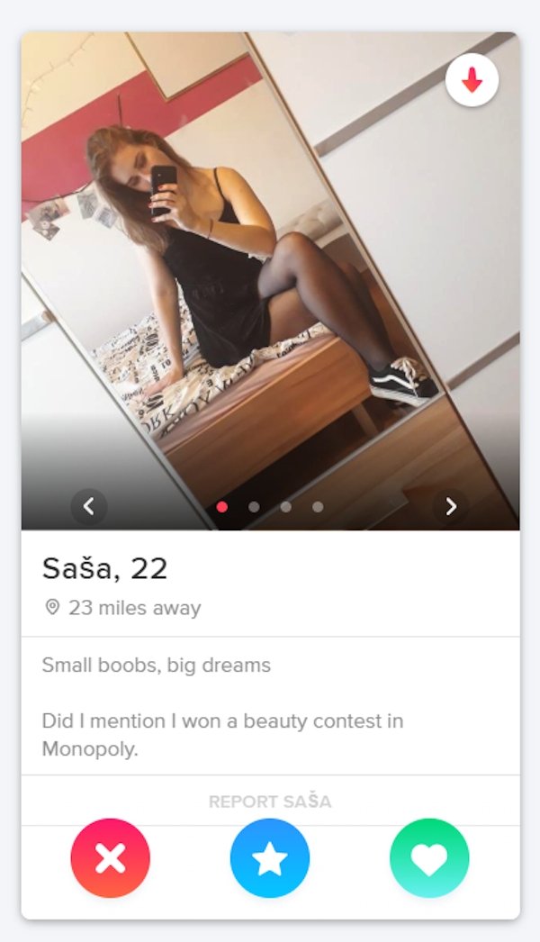 tinder - website - Saa, 22 23 miles away Small boobs, big dreams Did I mention I won a beauty contest in Monopoly Report Saa