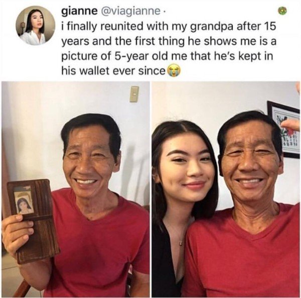 smile - gianne . i finally reunited with my grandpa after 15 years and the first thing he shows me is a picture of 5year old me that he's kept in his wallet ever since