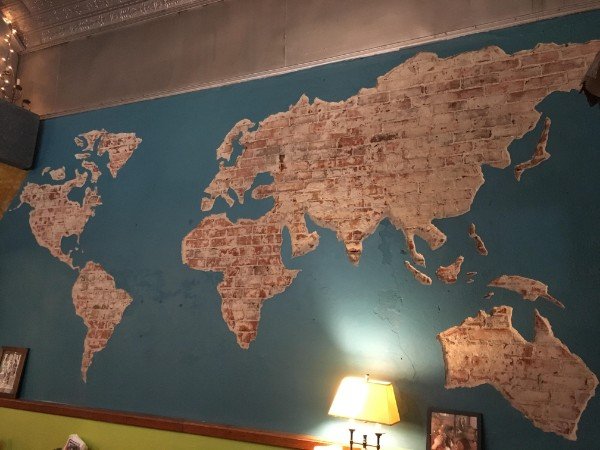 This brick map chipped away on this wall.