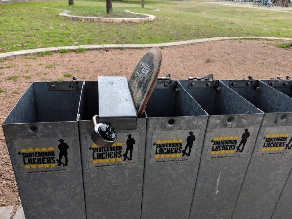 This middle school has a skateboard locker.