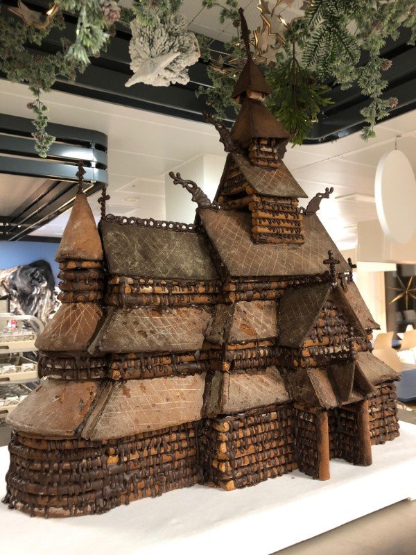 Norwegian gingerbread stave church. Made by chefs on the offshore oil platform Aasta Hansteen.