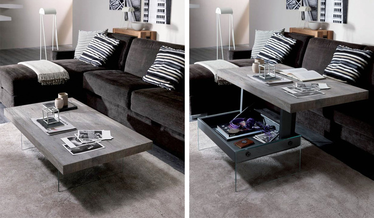 Multifunctional coffee table that hides stuff inside and transforms into a real full-size table.