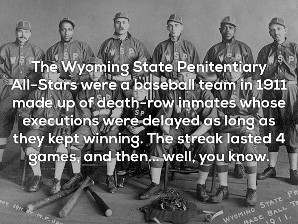 militia - The Wyoming State Penitentiary AllStars were a baseball team in 1911 made up of deathrow inmates whose executions were delayed as long as they kept winning. The streak lasted 4 games, and then... well, you know. Ny 1911 M.F. Wyoming State Pr Bas