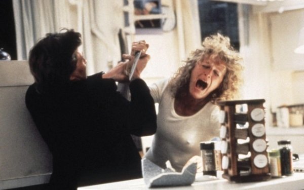 Fatal Attraction: Framing Dan for Alex’s murder.
The film ends with Dan’s wife shooting his crazy lover, Alex. Originally the movie was going to end with Alex slitting her throat and framing Dan for the murder.