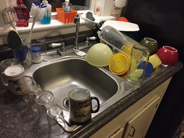 “My husband is good about washing dishes, but he never puts the clean ones away.”